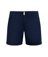 Men Stretch Swim Shorts Flat Belt Solid Navy front view