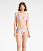 Top de bikini anudado alrededor del cuello con estampado Wave para mujer - Vilebrequin x Maison Kitsuné Lila vista frontal desgastada