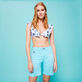 Women Stretch 5-Pockets Cotton Satin Bermuda Shorts Lagoon front worn view