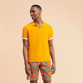 Men Cotton Pique Polo Shirt Solid Carrot 正面穿戴视图