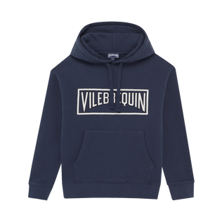 Boys Organic Cotton Hoodie Sweatshirt Stitched Logo Navy 正面图