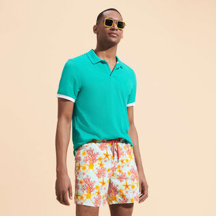 Men Cotton Pique Polo Shirt Solid Tropezian green 正面穿戴视图