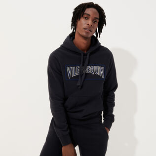 Men Cotton Hoodie Sweatshirt Solid Navy front worn view