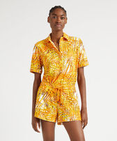 Pantaloncini donna in spugna Palm Leaves Mango vista frontale indossata