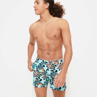 Men Flat Belt Stretch Swim Shorts Screen Turtles Lagoon front worn view