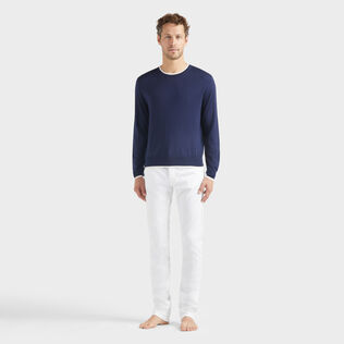 Men Merino Wool Cashmere Silk Crewneck Sweater Navy front worn view