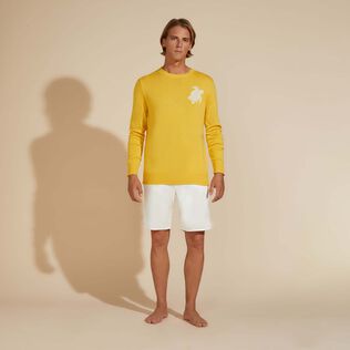 Men Cotton and Cashmere Crewneck Sweater Turtle Yellow front worn view
