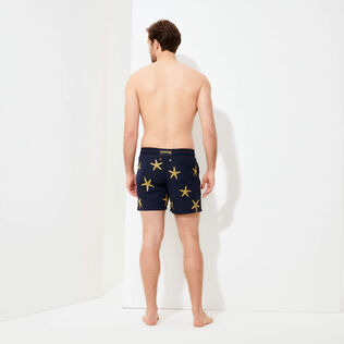 Men Swim Trunks Placed Gold Embroidery Starfish Dance - Limited Edition Navy back worn view
