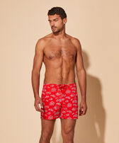 Men Swim Trunks Embroidered Hermit Crabs - Limited Edition Poppy red front worn view
