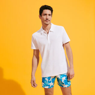 Solid Polohemd aus Jacquard für Herren Weiss Vorderseite getragene Ansicht