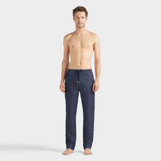 男士棉质真丝松紧裤腰长裤 Dark denim w1 正面穿戴视图
