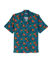 Men Linen Bowling Shirt Tropical Flowers Navy front view