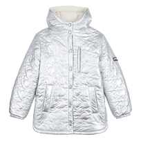 Girls Long Hooded Jacket Quilted Turtles Silver front view