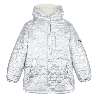 Girls Long Hooded Jacket Quilted Turtles Silver front view
