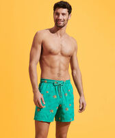 Men Swim Trunks Embroidered Piranhas - Limited Edition Tropezian green front worn view