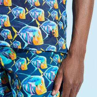 Camisa de bolos de lino con estampado Piranhas para hombre Azul marino detalles vista 3