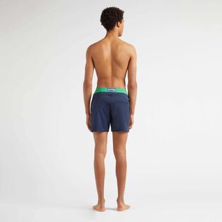 Men Stretch Swim Shorts Flat Belt Color Block Chive back worn view