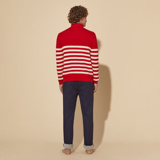 Men Striped Cotton and Cashmere Turtleneck Pullover Jacquard Tortue Red back worn view