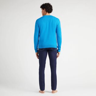 Men Wool and Cashmere Sweater Turtle Neon blue back worn view