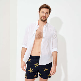 Men Swim Trunks Placed Gold Embroidery Starfish Dance - Limited Edition Navy details view 4