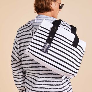 Medium Cotton Beach Bag Rayures Black/white front worn view