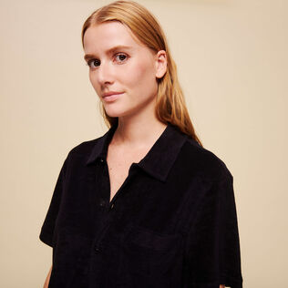Camisa de bolos lisa en tejido terry unisex Negro detalles vista 2