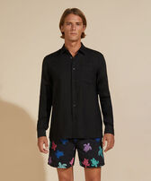 Men Linen Shirt Solid Black 正面穿戴视图