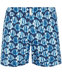 Men Flat Belt Stretch Swim Trunk Batik Fishes Navy front view