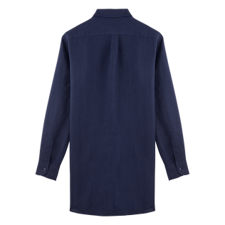 Vestido camisero de lino de color liso para mujer Azul marino vista trasera