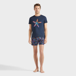 Men Organic Cotton T-shirt Disco Stars Navy front worn view