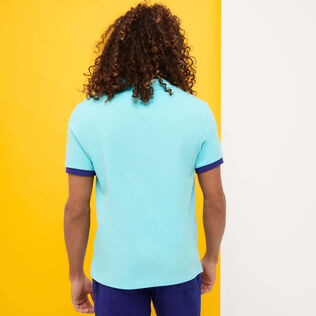 Men Cotton Pique Polo Shirt Solid Lazulii blue back worn view