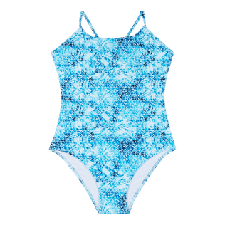 Girls One-piece Swimsuit Flowers Tie & Dye Navy front view