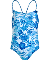 Girls One-piece Swimsuit Tahiti Flowers White front view