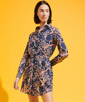 Women Cotton Voile Shirt Dress Sweet Blossom Navy front worn view