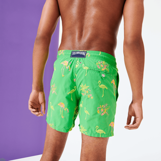 Men Classic Embroidered - Men Swim Trunks Embroidered 2012 Flamants Rose - Limited Edition, Grass green back worn view