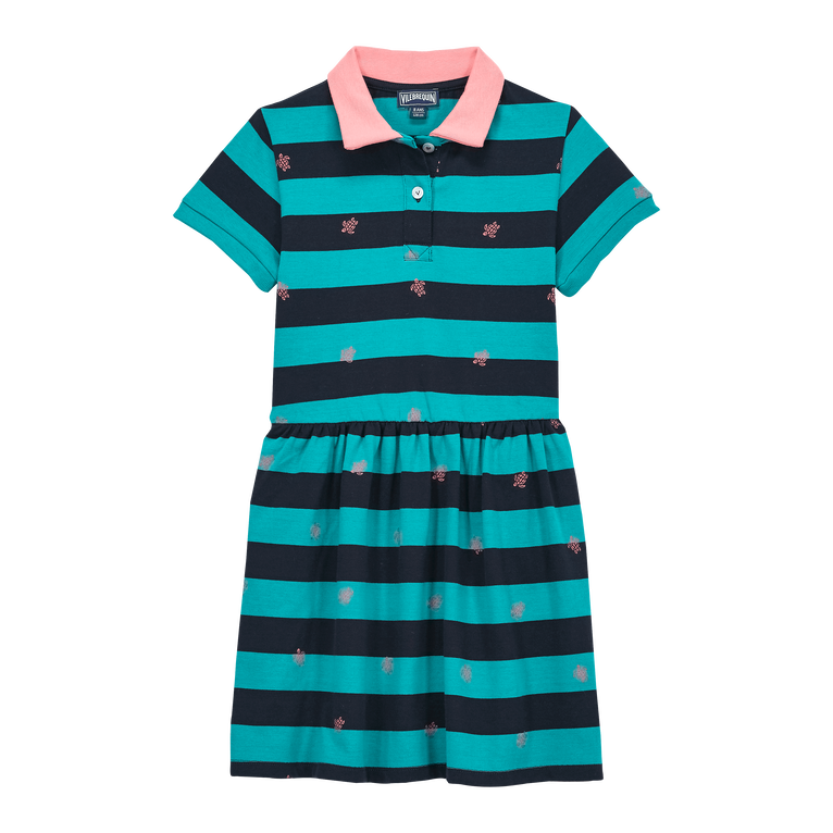 Girls Shirt Collar Dress Navy Stripes - Guky - Green