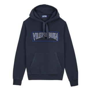 Men Cotton Hoodie Sweatshirt Solid Navy front view