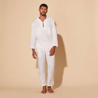 Men Linen Vareuse Shirt Solid White front worn view