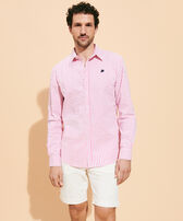 Men Striped Seersucker Shirt Candy pink front worn view