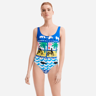Damen Einteiler Bedruckt - La Mer Badeanzug für Damen – Vilebrequin x JCC+ – Limitierte Serie, Weiss Vorderseite getragene Ansicht