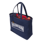 Borsa da spiaggia unisex nautica in tela grande Blu marine vista frontale indossata