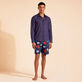 Cotton Voile Lightweight Shirt Micro Ronde Des Tortues Rainbow Navy front worn view