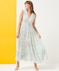 Women Maxi Dress Hidden Fishes - Vilebrequin x Poupette St Barth White front worn view