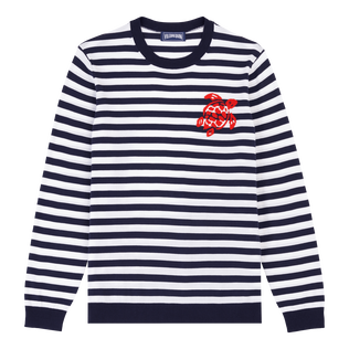 Men Crewneck Striped Cotton Sweater Navy / white front view