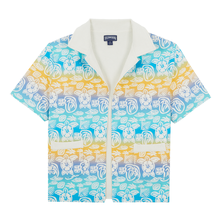Boys Cotton Bowling Shirt Tahiti Turtles - Galet - White