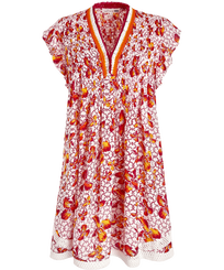 Women Mini Dress Iris Lace- Vilebrequin x Poupette St Barth Shocking pink front view
