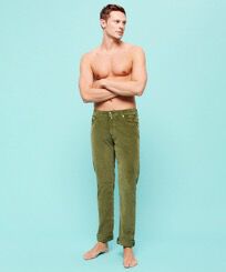 Men 5-Pockets Corduroy Pants 1500 lines Olive front worn view