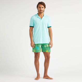 男士纯色棉质 Polo 衫 Lagoon 正面穿戴视图