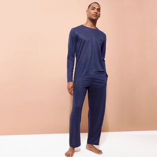 Unisex Linen Long Sleeves T-shirt Solid Navy details view 2