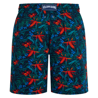 Men Stretch Long Swim Trunks Tropical Flowers Navy back view